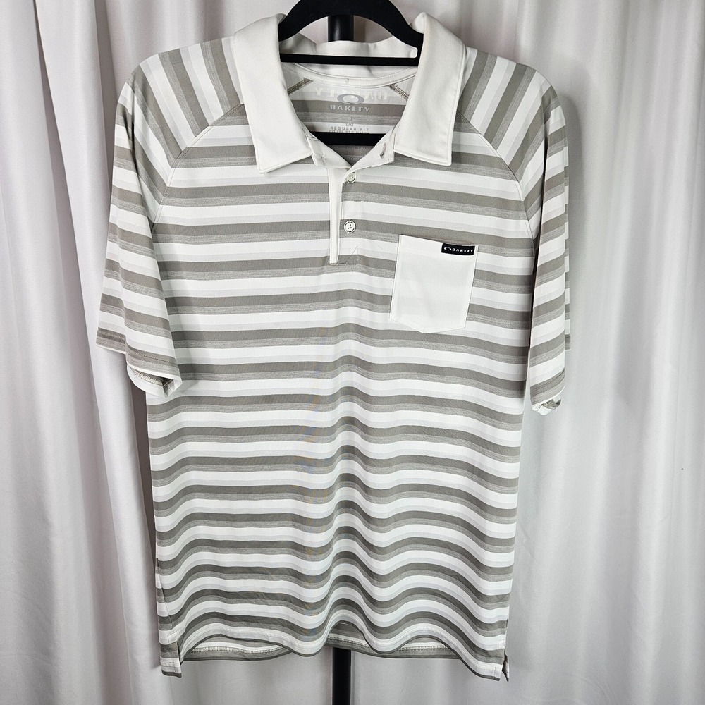 Oakley Hydrolix Mens Shirt‎ White Gray Size Large Striped Short Sleeve Golf Polo